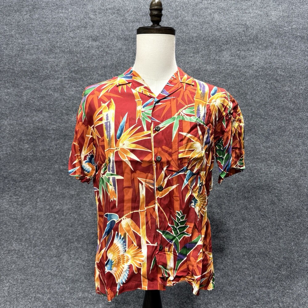Vintage Kennington Hawaiian Shirt Mens M Red Rayon Bamboo Bird Aloha Button Up